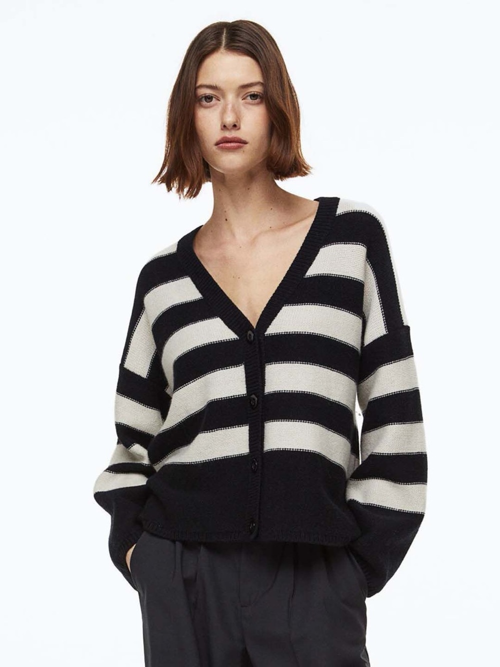 100% wool Striped V-Neck Button-Front Sweater Cardigan - Black & Cream